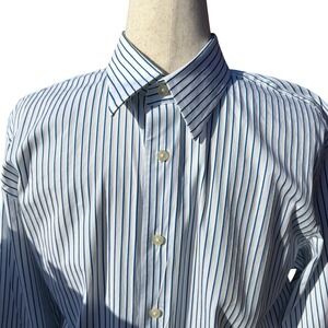 Express 1MX Men's Dress Shirt L 16-16.5 Modern‎ Fit Blue Stripe Stretch Cotton